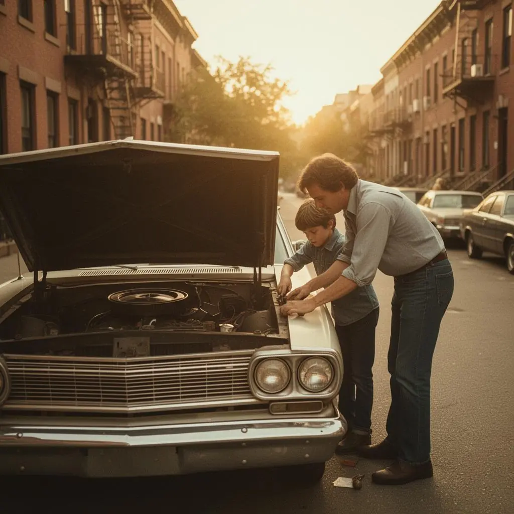 A father and son working on a classic car together on a New Jersey street