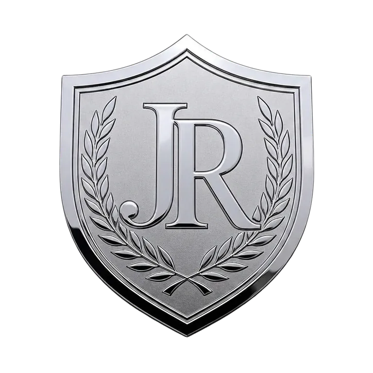 Example custom car emblem: chrome shield crest with JR monogram and laurel detailing
