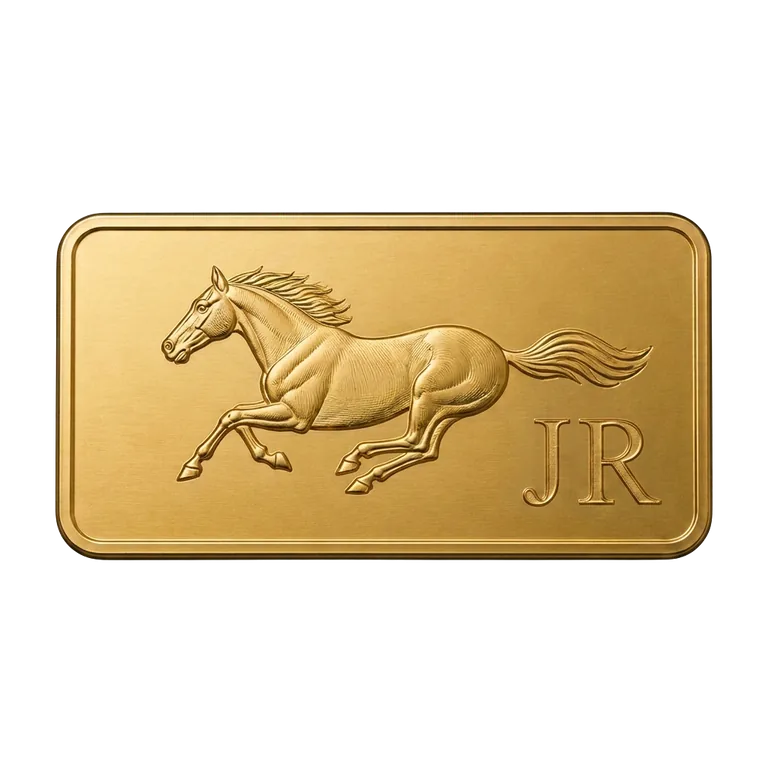 Example custom car emblem: gold rectangular plate badge with an engraved horse motif
