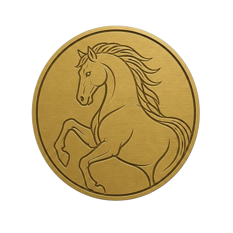 Custom emblem badge, gold JR horse medallion