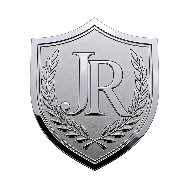 Custom emblem badge, chrome JR shield with laurel branches
