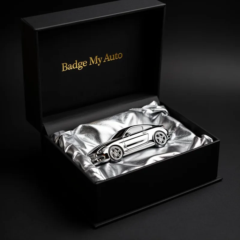 Open gift box revealing chrome car badge nestled in silver tissue paper