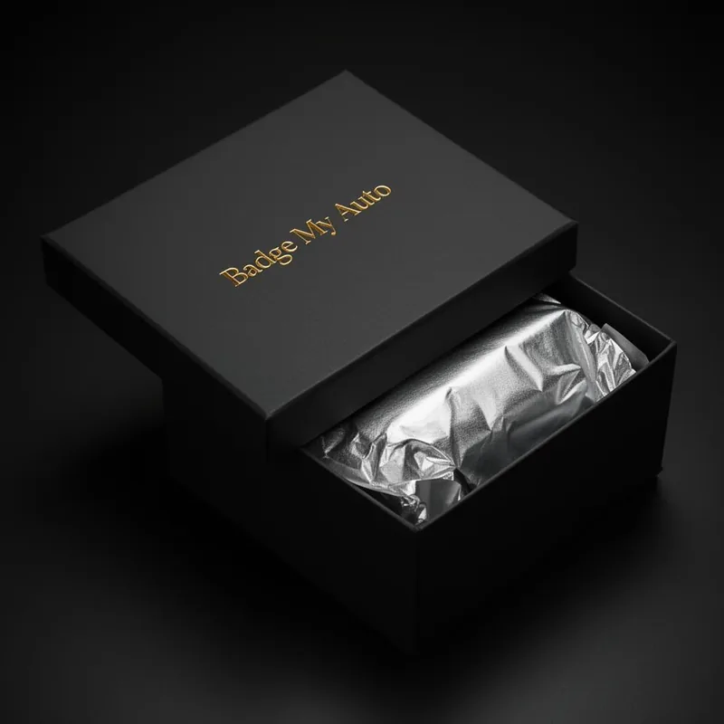 Premium matte black gift box with gold Badge My Auto text and silver tissue paper