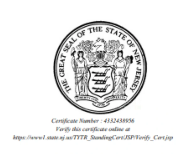Great Seal of the State of New Jersey, from Badge My Auto LLC's Certificate of Formation