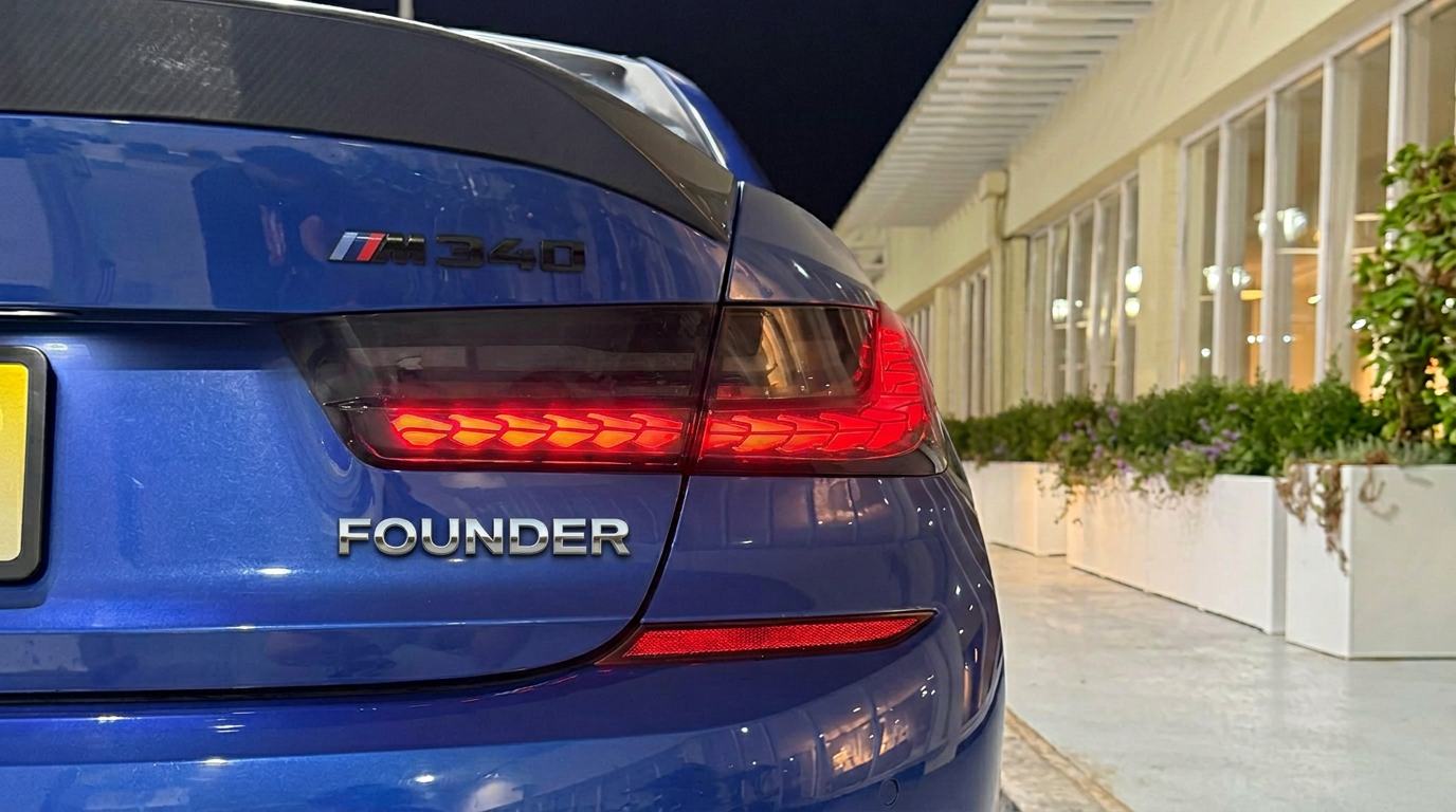 BMW M340 with custom BadgeMyAuto chrome badge installed on trunk