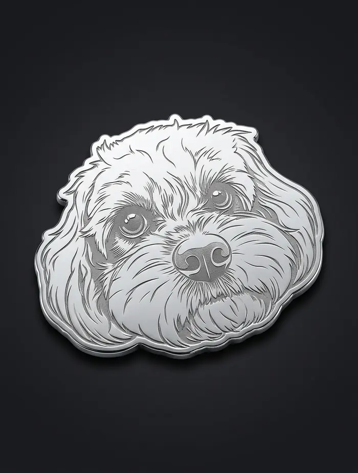 Close up portrait, rendered as a chrome car badge